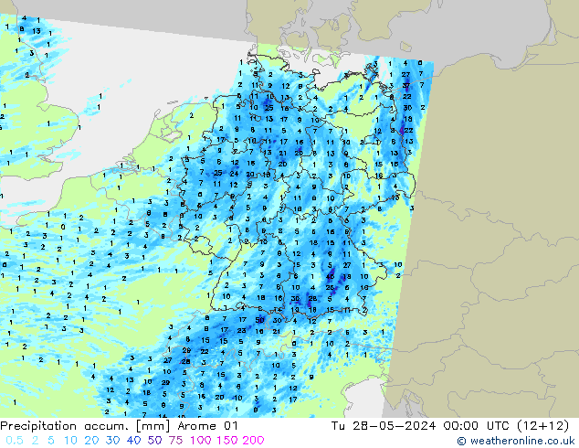 Precipitation accum. Arome 01 Tu 28.05.2024 00 UTC