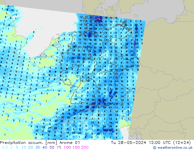 Precipitation accum. Arome 01 Tu 28.05.2024 12 UTC