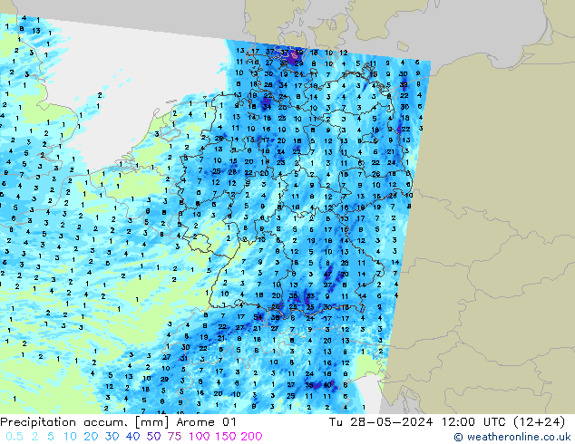 Precipitation accum. Arome 01 wto. 28.05.2024 12 UTC