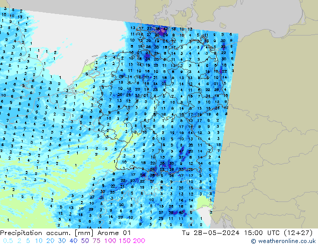 Precipitation accum. Arome 01  28.05.2024 15 UTC