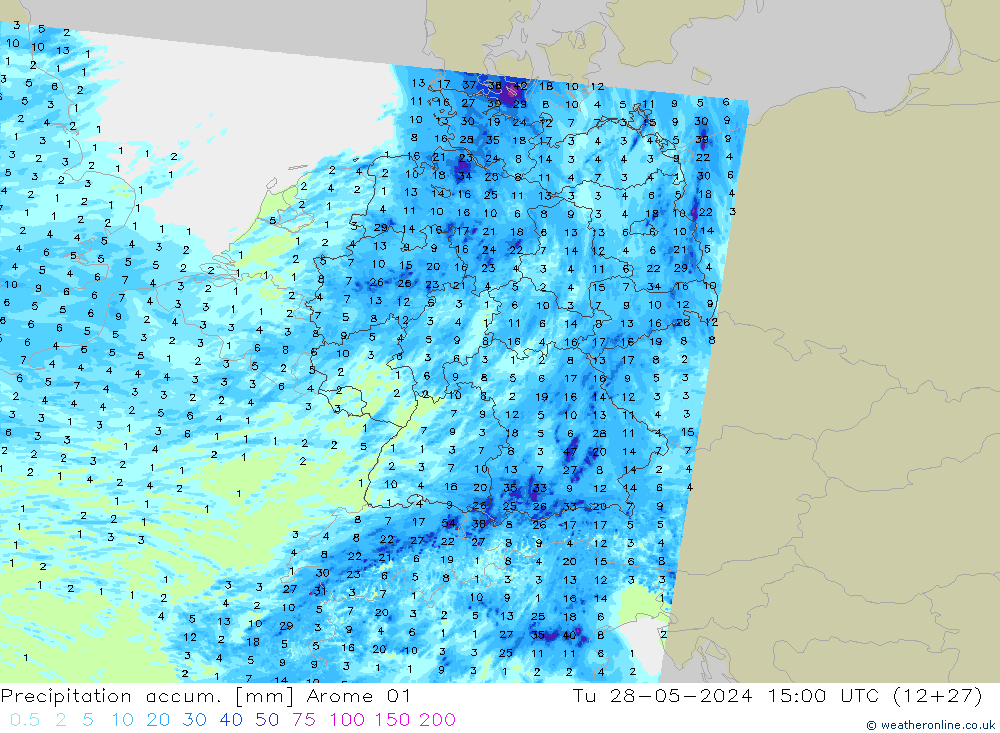 Precipitation accum. Arome 01 Tu 28.05.2024 15 UTC