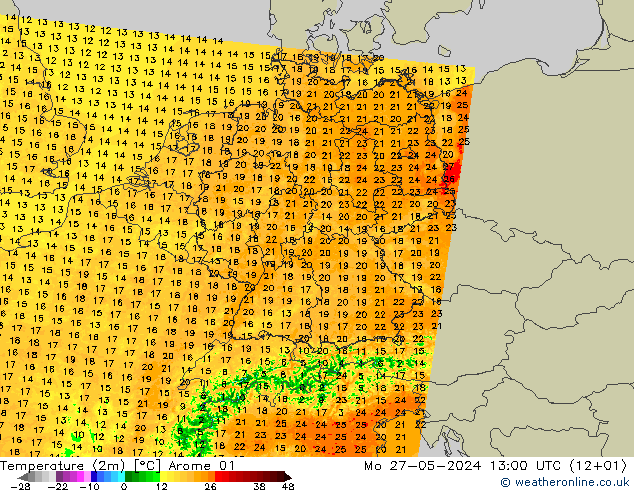 Temperatura (2m) Arome 01 Seg 27.05.2024 13 UTC