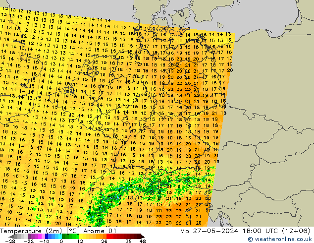 Temperatura (2m) Arome 01 Seg 27.05.2024 18 UTC