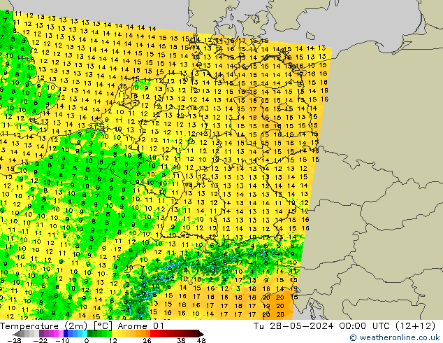 Temperature (2m) Arome 01 Tu 28.05.2024 00 UTC