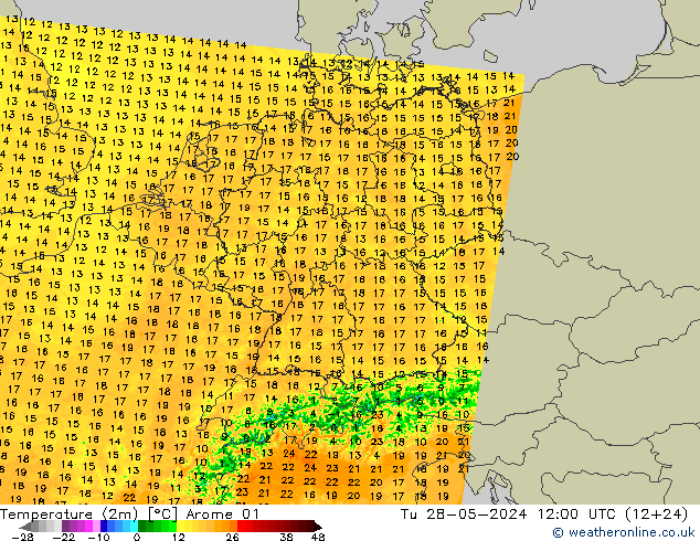 Temperature (2m) Arome 01 Tu 28.05.2024 12 UTC