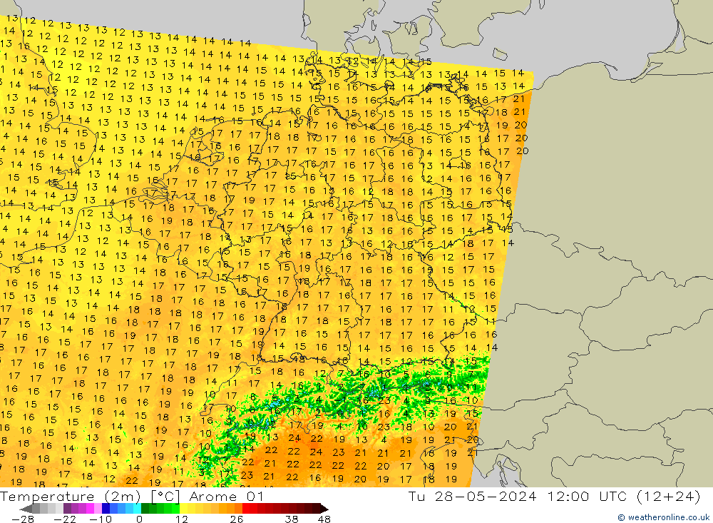Temperaturkarte (2m) Arome 01 Di 28.05.2024 12 UTC
