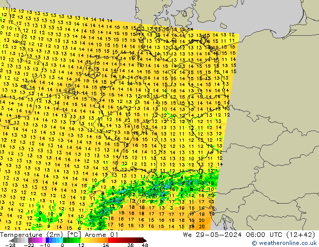 température (2m) Arome 01 mer 29.05.2024 06 UTC