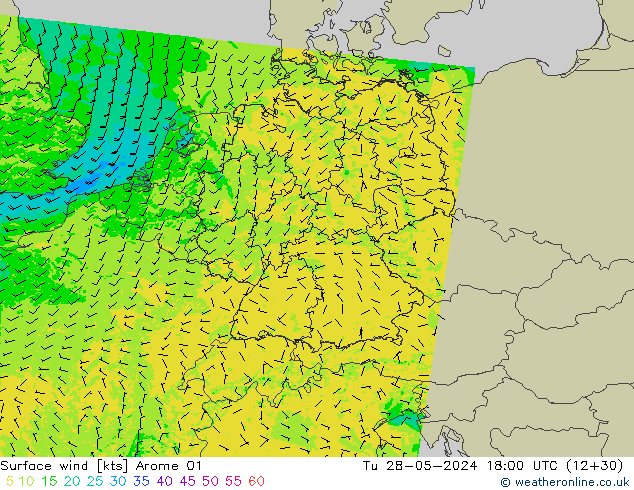 Vento 10 m Arome 01 mar 28.05.2024 18 UTC