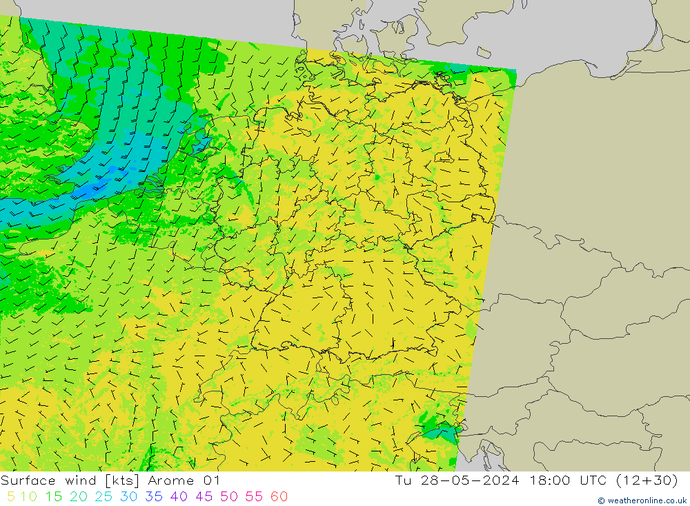 Viento 10 m Arome 01 mar 28.05.2024 18 UTC