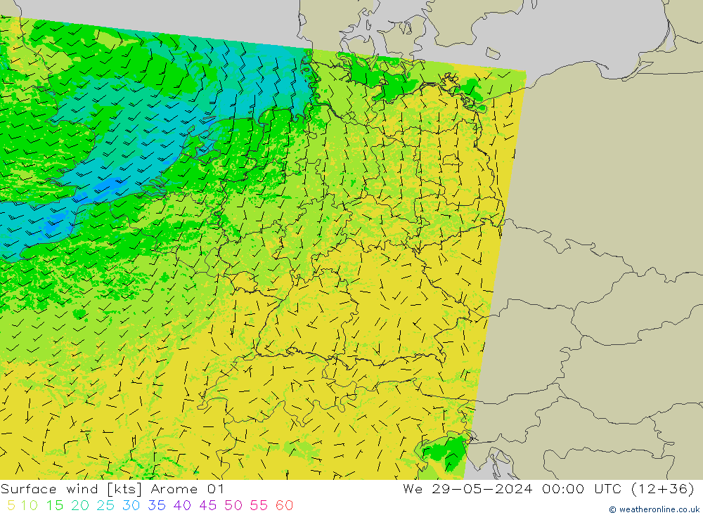 Surface wind Arome 01 We 29.05.2024 00 UTC