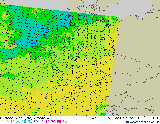 Wind 10 m Arome 01 wo 29.05.2024 06 UTC