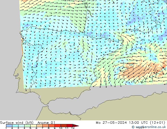 Surface wind (bft) Arome 01 Mo 27.05.2024 13 UTC