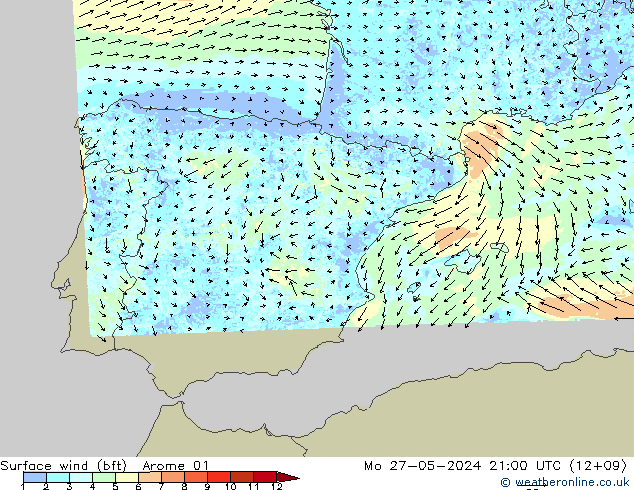 Surface wind (bft) Arome 01 Mo 27.05.2024 21 UTC