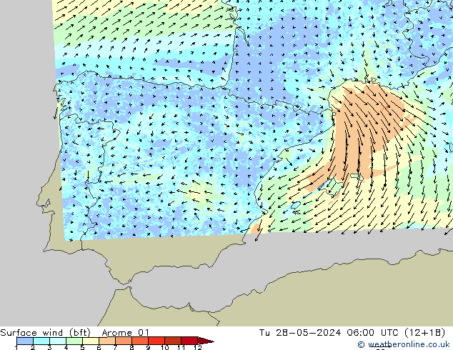 Wind 10 m (bft) Arome 01 di 28.05.2024 06 UTC