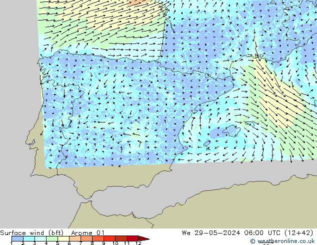 Viento 10 m (bft) Arome 01 mié 29.05.2024 06 UTC