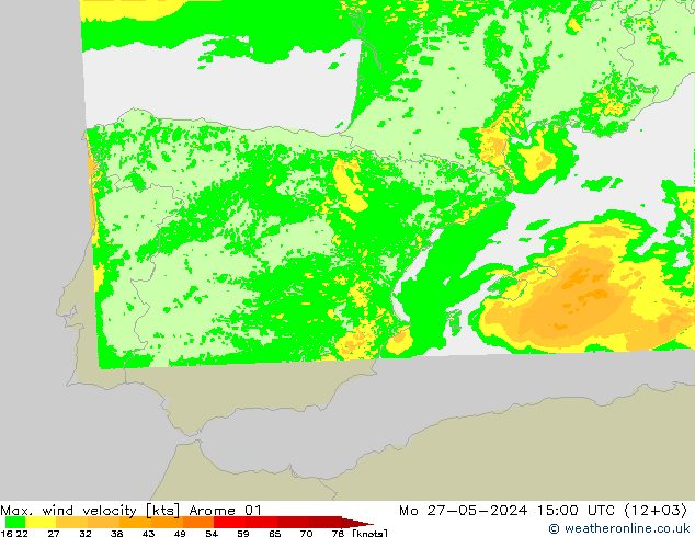 Max. wind velocity Arome 01 pon. 27.05.2024 15 UTC