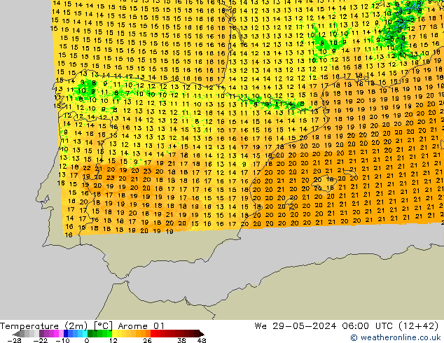 Temperature (2m) Arome 01 We 29.05.2024 06 UTC