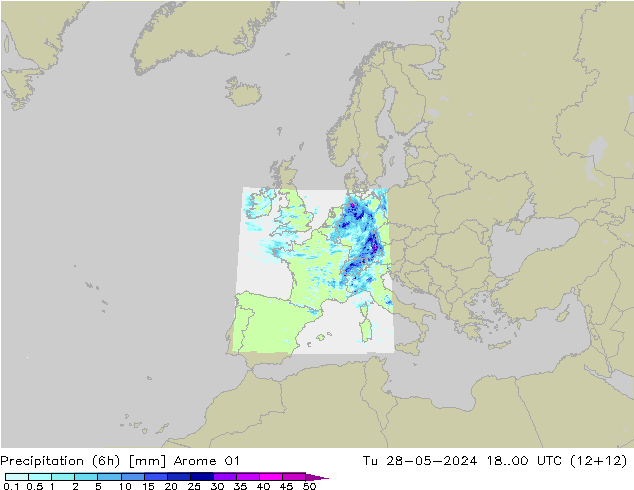 Precipitation (6h) Arome 01 Tu 28.05.2024 00 UTC