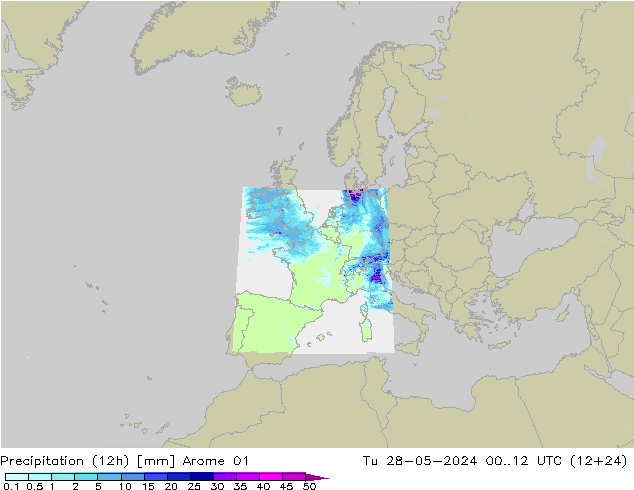Precipitation (12h) Arome 01 Tu 28.05.2024 12 UTC