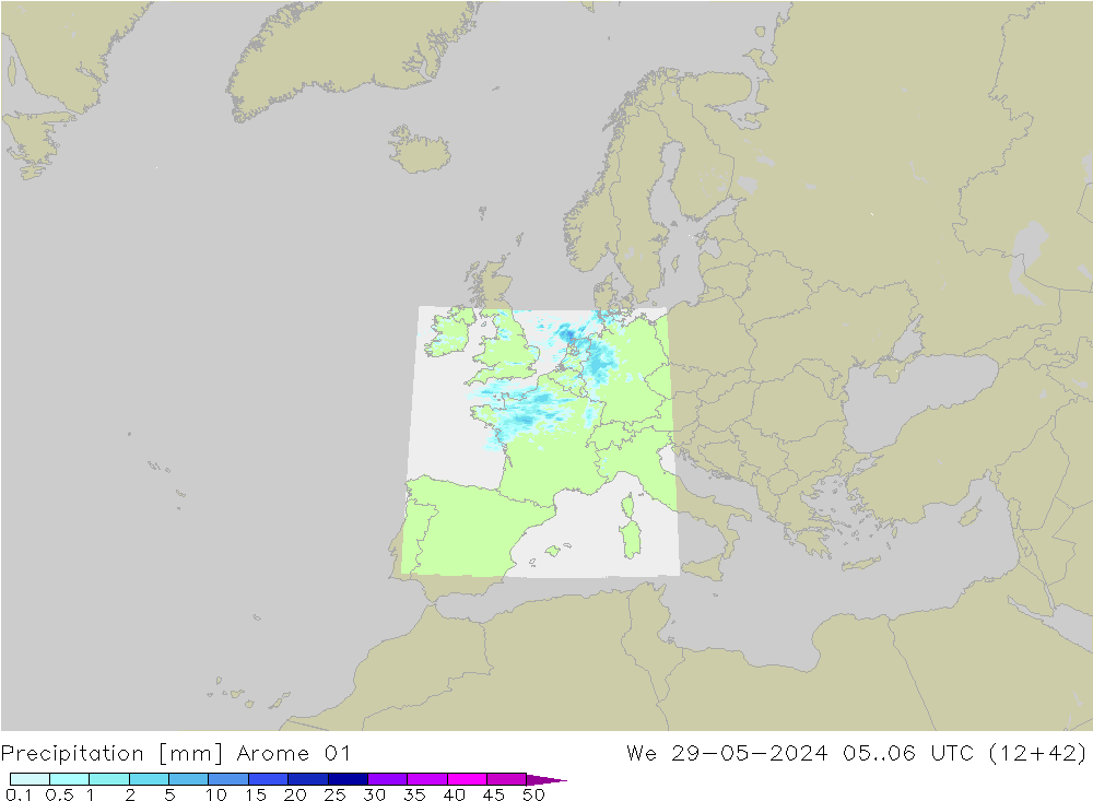 Niederschlag Arome 01 Mi 29.05.2024 06 UTC