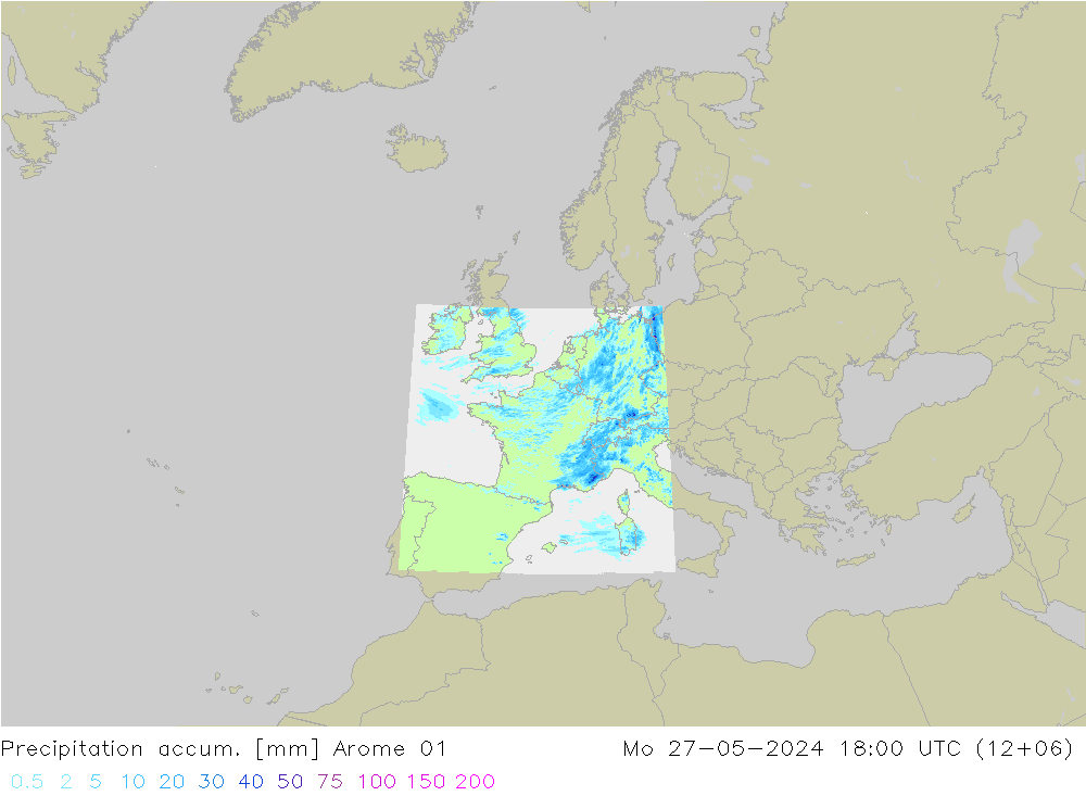 Precipitation accum. Arome 01 pon. 27.05.2024 18 UTC