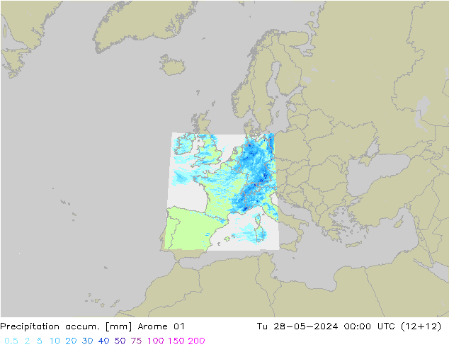Precipitation accum. Arome 01 wto. 28.05.2024 00 UTC