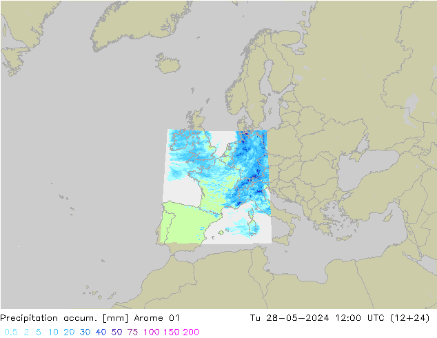 Totale neerslag Arome 01 di 28.05.2024 12 UTC