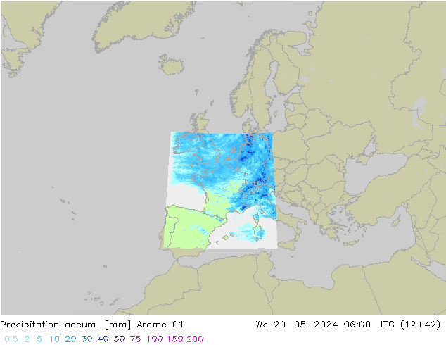 Precipitation accum. Arome 01 We 29.05.2024 06 UTC