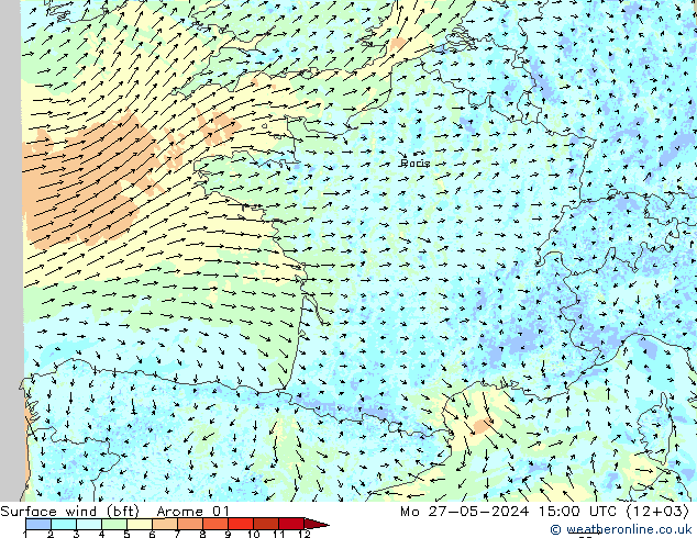 Wind 10 m (bft) Arome 01 ma 27.05.2024 15 UTC