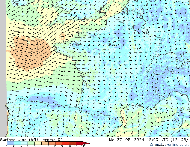 Surface wind (bft) Arome 01 Mo 27.05.2024 18 UTC