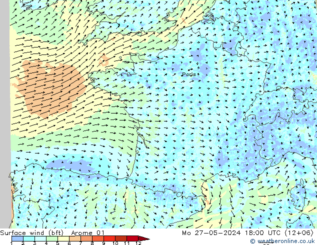 Viento 10 m (bft) Arome 01 lun 27.05.2024 18 UTC