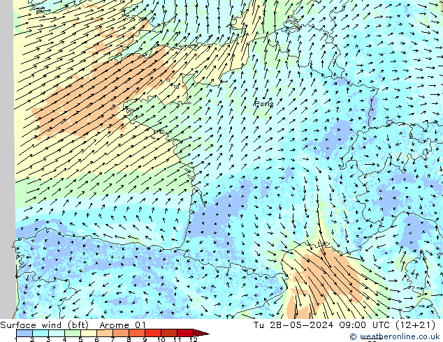 Bodenwind (bft) Arome 01 Di 28.05.2024 09 UTC