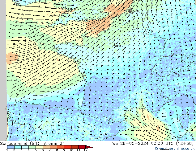 Surface wind (bft) Arome 01 St 29.05.2024 00 UTC