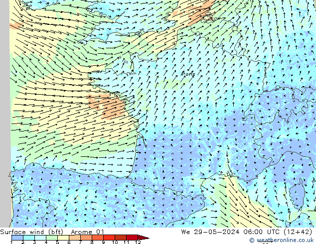 Wind 10 m (bft) Arome 01 wo 29.05.2024 06 UTC