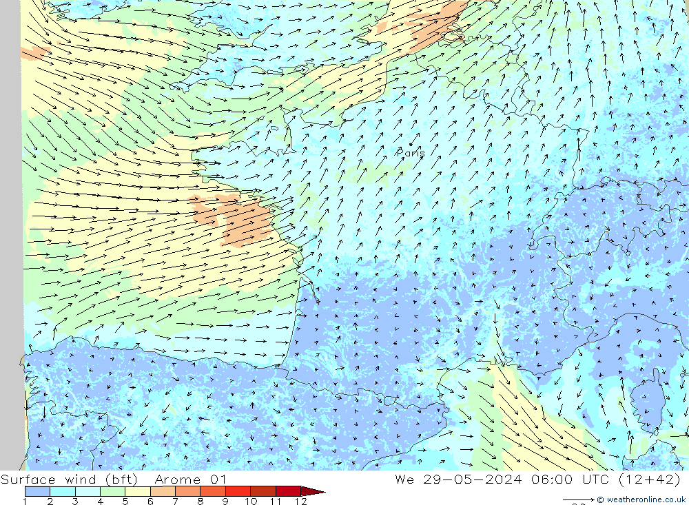 Vent 10 m (bft) Arome 01 mer 29.05.2024 06 UTC