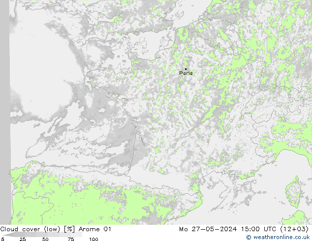 Cloud cover (low) Arome 01 Mo 27.05.2024 15 UTC