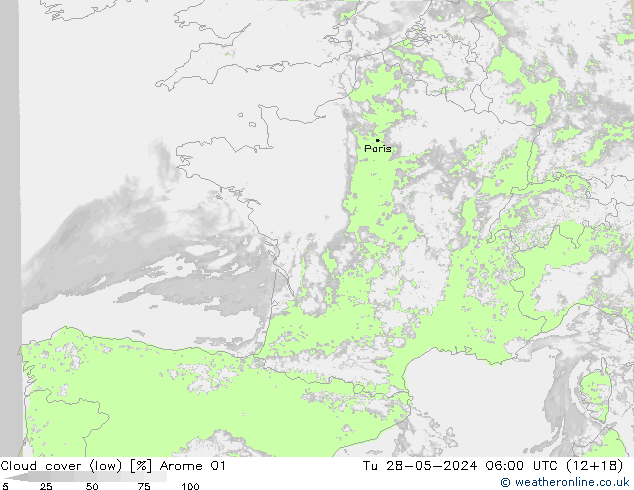 Cloud cover (low) Arome 01 Tu 28.05.2024 06 UTC