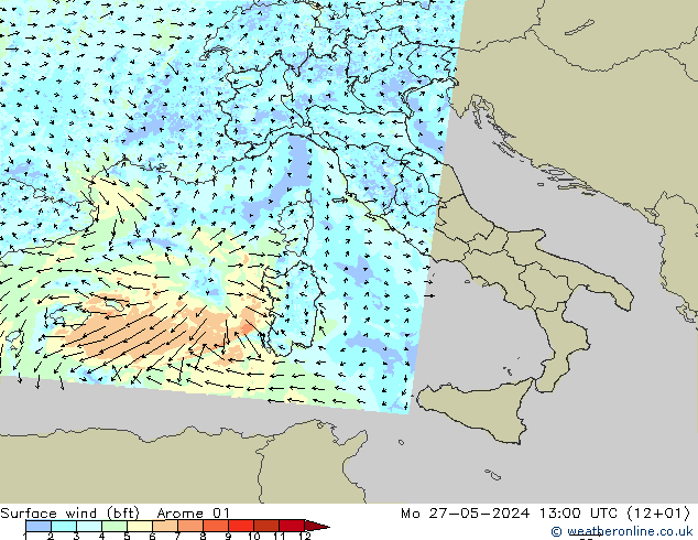 Surface wind (bft) Arome 01 Mo 27.05.2024 13 UTC