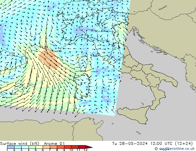 Surface wind (bft) Arome 01 Tu 28.05.2024 12 UTC