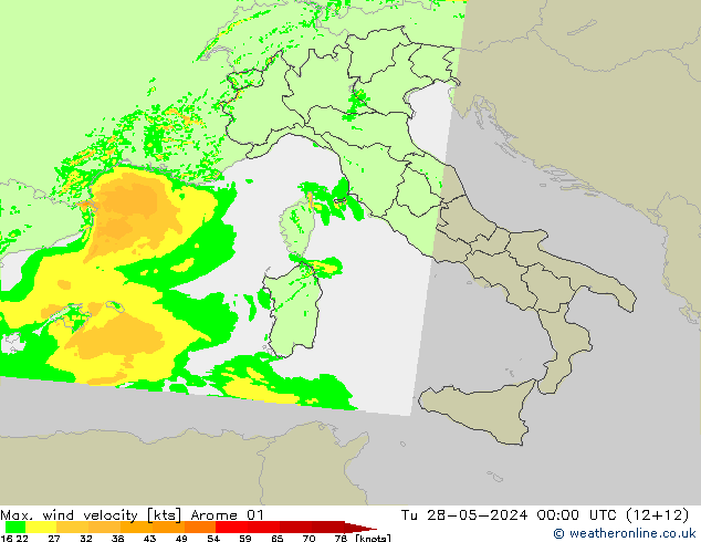 Max. wind velocity Arome 01 mar 28.05.2024 00 UTC