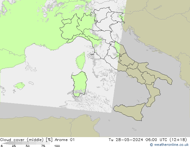 Cloud cover (middle) Arome 01 Tu 28.05.2024 06 UTC