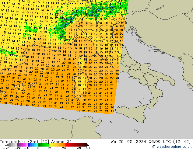 Temperatuurkaart (2m) Arome 01 wo 29.05.2024 06 UTC