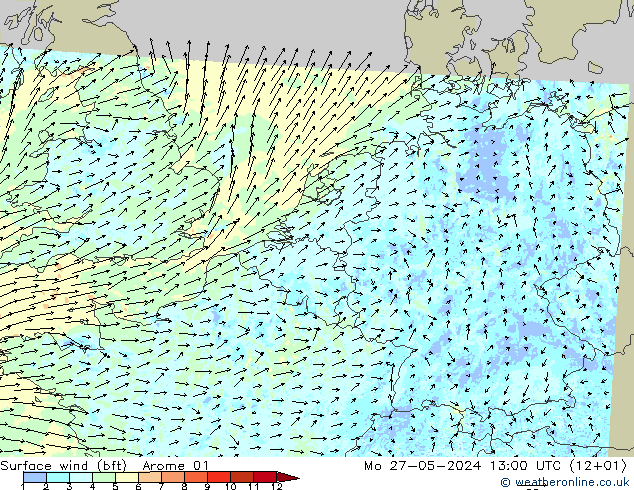 Viento 10 m (bft) Arome 01 lun 27.05.2024 13 UTC