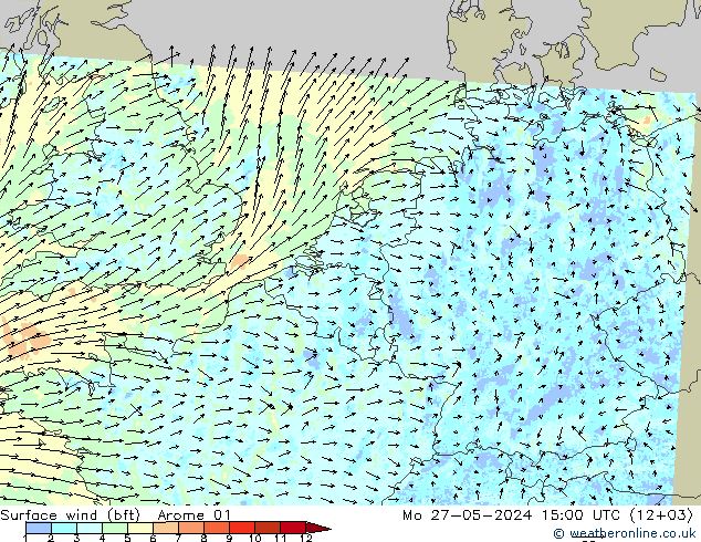 Bodenwind (bft) Arome 01 Mo 27.05.2024 15 UTC