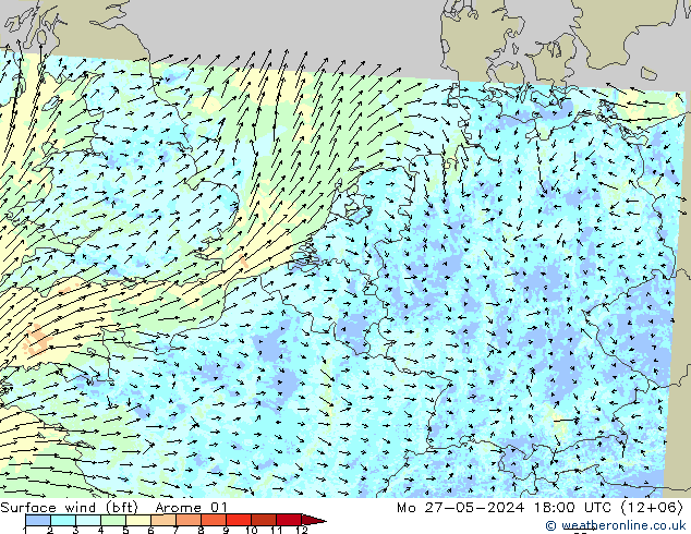 Bodenwind (bft) Arome 01 Mo 27.05.2024 18 UTC