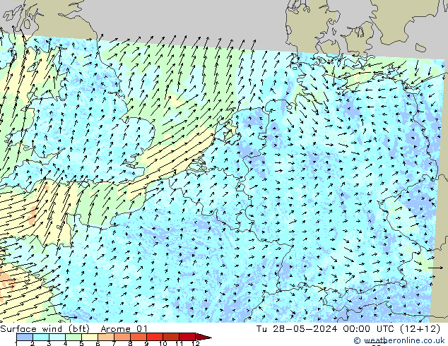 Vent 10 m (bft) Arome 01 mar 28.05.2024 00 UTC