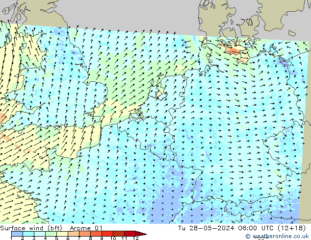 Surface wind (bft) Arome 01 Tu 28.05.2024 06 UTC