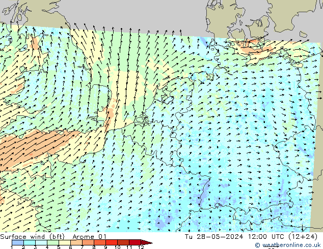 Vent 10 m (bft) Arome 01 mar 28.05.2024 12 UTC