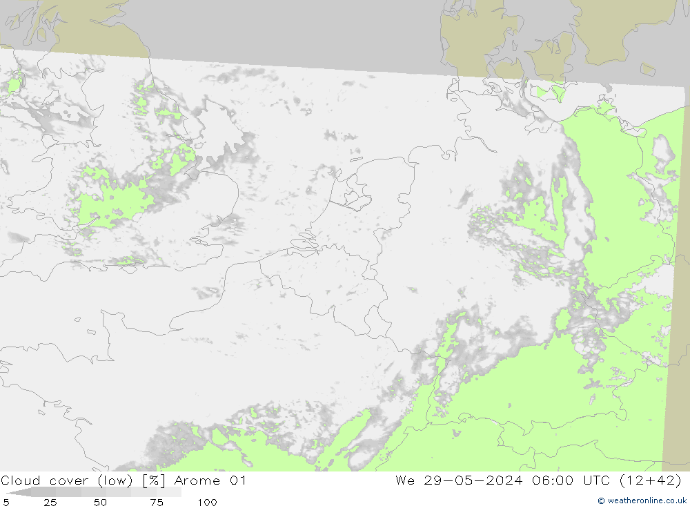 Cloud cover (low) Arome 01 We 29.05.2024 06 UTC