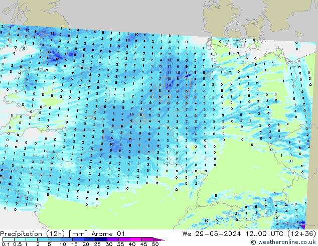 Precipitation (12h) Arome 01 We 29.05.2024 00 UTC